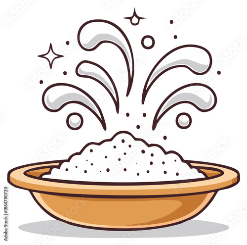 Effervescent cleaning powder in a bowl with magical splashes and sparkles vector illustration