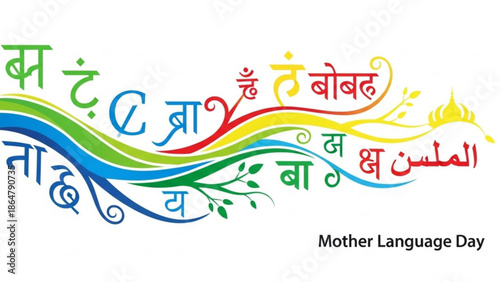 Vibrant multilingual typography for mother language day with colorful swirling lines and leaves on white background with culture and diversity