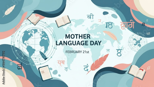 Mother language day february 21st global celebration of cultural diversity and linguistic heritage with colorful abstract design and world map