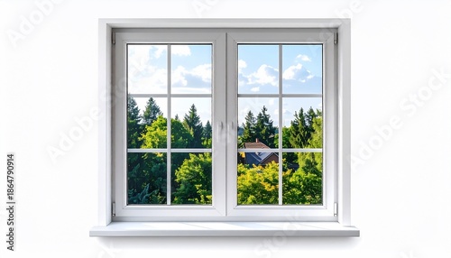 A bright white framed window displays a verdant treetop view under a partly cloudy blue sky