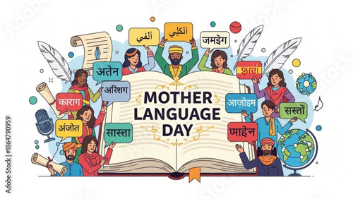 Vibrant illustration of diverse people celebrating mother language day with speech bubbles and books with diversity and celebration and culture