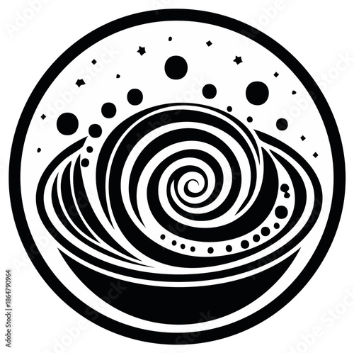 Black and white circular icon of a stylized spiral galaxy or cosmic whirlpool with stars
