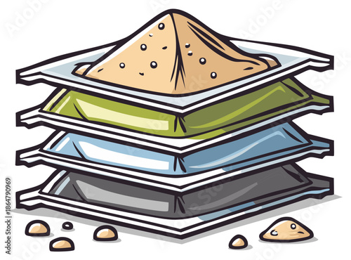 Stack of flat square trays containing various colored powders and granular substances graphic illustration