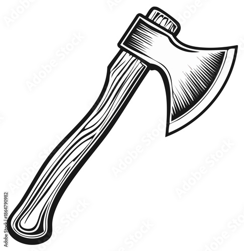 Classic Wood Handle Chopping Axe Tool Black and White Vector Illustration