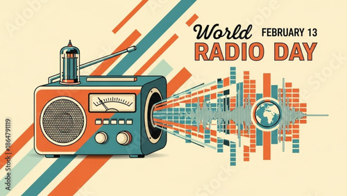 Vibrant illustration of a vintage radio on world radio day february 13 with sound waves and a globe symbolizing global communication and broadcasting