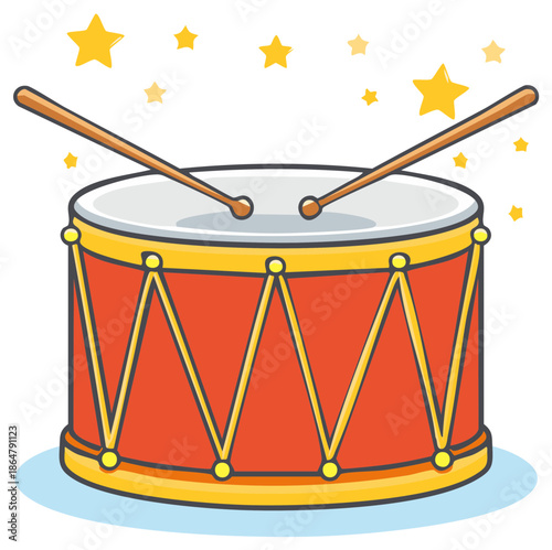 Cartoon Red Drum with Yellow Stars and Drumsticks, Musical Instrument Illustration