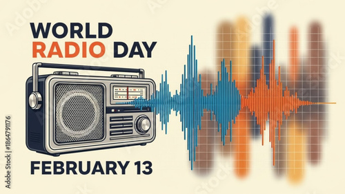 Vintage radio on world radio day with sound wave, celebrating communication and broadcasting on february 13 with audio and technology and entertainment