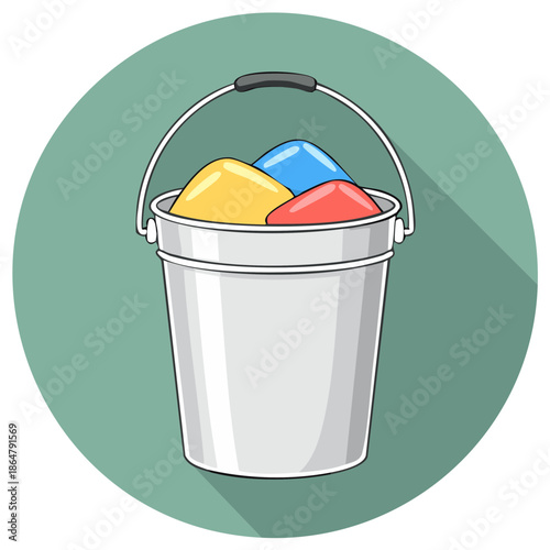 Metal Bucket Filled With Colorful Sand For Beach Play