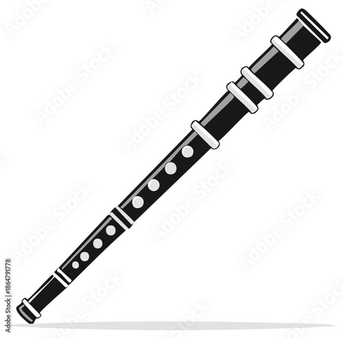 Illustration of a black wooden recorder instrument with white tone holes