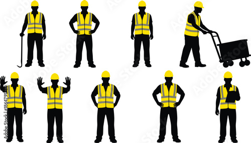 Construction worker silhouettes set wearing safety helmet and reflective vest in different poses isolated on white background vector illustration