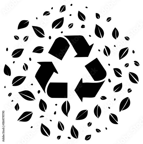 Circular recycling symbol with scattered leaves signifying eco friendly conservation and sustainability