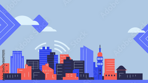 Flat vector illustration of a smart city concept with modern buildings and technology, urban