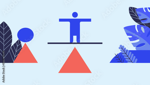Flat illustration of a person balancing on a seesaw with geometric shapes and leaves