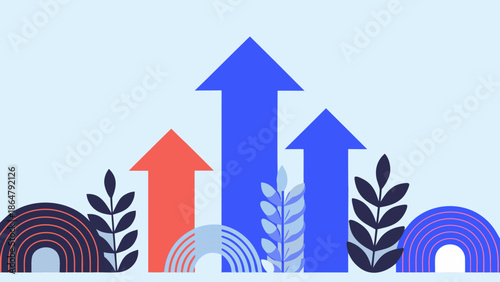 Minimalist flat illustration of abstract growth concept with arrows and plants in blue and red