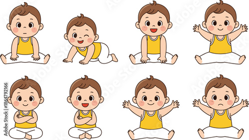 Cute baby boy cartoon set showing different sitting crawling and happy poses isolated on white background flat vector illustration