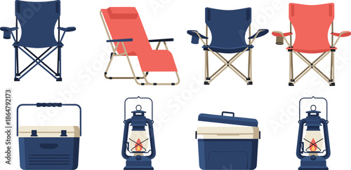 camping furniture and gear set, folding chairs cooler lanterns illustration, outdoor picnic equipment collection, summer camping essentials, isolated white background vector