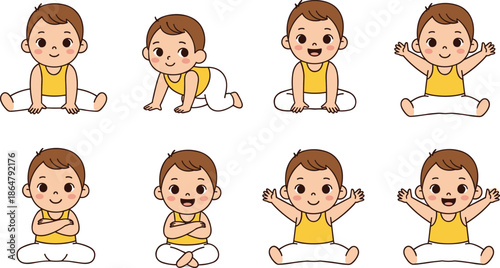 Cute baby boy cartoon collection with different sitting crawling and happy poses isolated on white background flat vector illustration