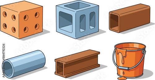 construction materials set illustration, concrete blocks steel profiles pipes paint bucket, industrial building components, engineering supplies, isolated white background vector