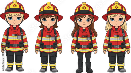 cute firefighter kids characters set, cartoon illustration boys girls, fire rescue uniform safety education, isolated white background, vector flat design