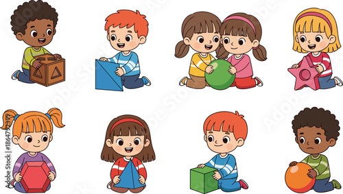 cute kids playing with shapes toys illustration, preschool children learning geometry blocks, early education activity, kindergarten playtime, isolated white background vector