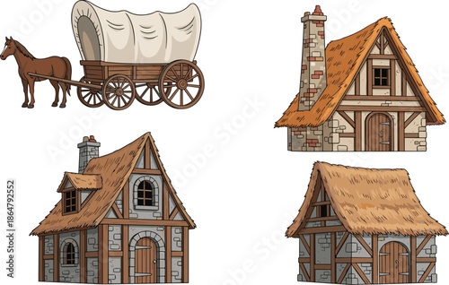 medieval village buildings set, old stone houses and cottages, horse drawn wagon, fantasy countryside architecture, cartoon vector illustration, isolated white background