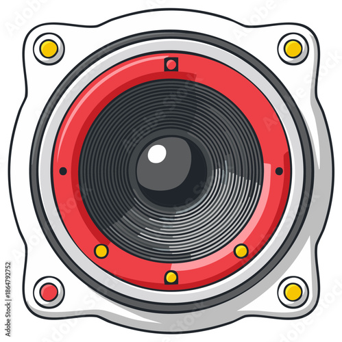 Close up of a stylized red and white audio speaker with a black cone and silver accents