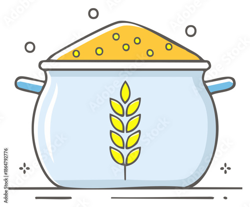 Cartoon cooking pot filled with golden cereal grains, featuring a simple wheat stalk symbol.