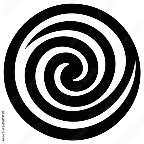 Stylized swirling whirlpool pattern, black and white circular optical illusion design with a hypnotic effect for backgrounds or design elements.