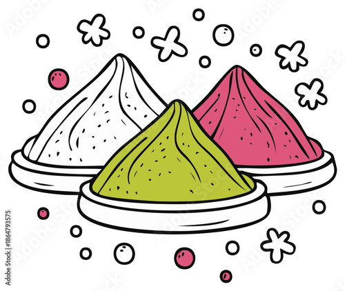 Vibrant powdered dyes in bowls for Holi celebration color throw vector illustration