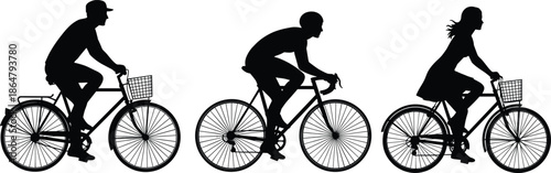 Cycling silhouette set of men and woman riding bicycles, urban commuting concept, black vector illustration isolated on white background
