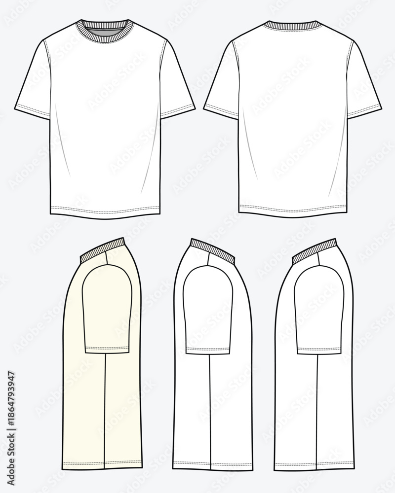Naklejka premium Basic t-shirt front, back and side view flat sketch vector mockup template technical illustration.