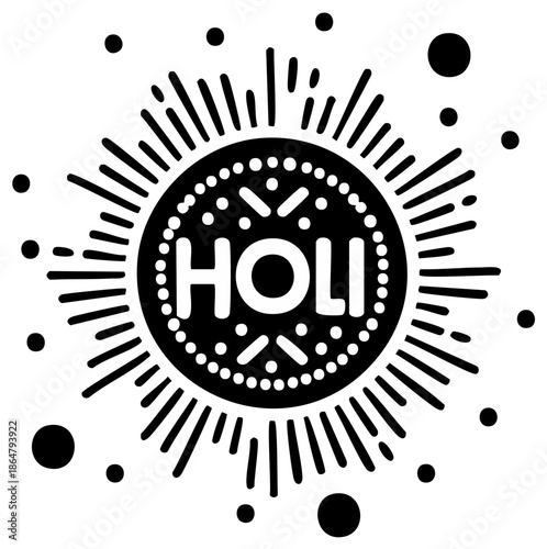 Holi festival graphic emblem with hand drawn lettering and sunburst design