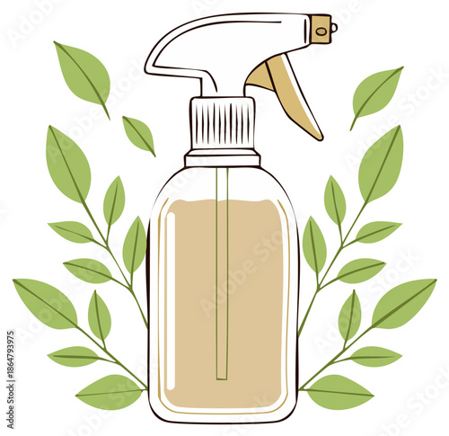Eco friendly natural cleaning spray bottle with green leaves illustration