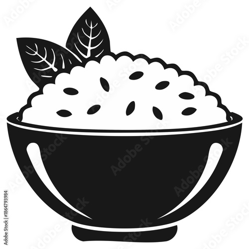 A simple graphic icon of a bowl of cooked rice with a fresh leaf garnish