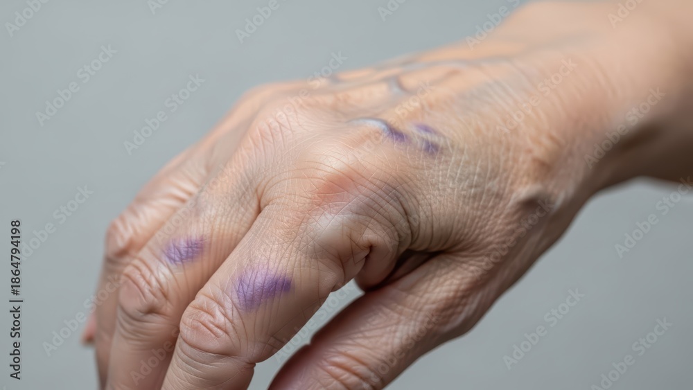 Fototapeta premium Close-up of elderly caucasian female hand with bruises and veins