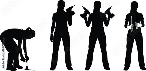 Female construction worker silhouette set using power tools and equipment, professional industrial labor concept, black vector illustration isolated on white background