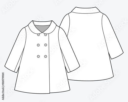 Girls trench coat vector design mockup template technical flat sketch.