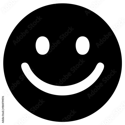 Simple flat black and white smiley face symbol expressing happiness and positive emotion with round eyes and curved mouth