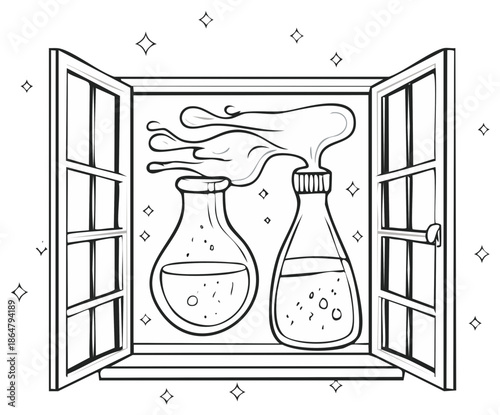 Whimsical chemistry flasks with a magical potion splash on a window sill black and white line drawing