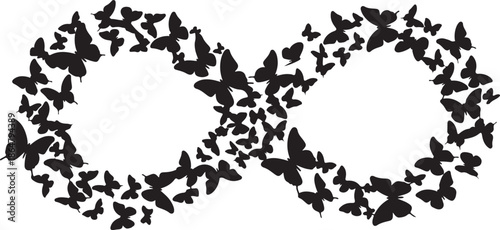 Butterfly Swarm Silhouette – Elegant Flying Butterflies Black Vector on White.