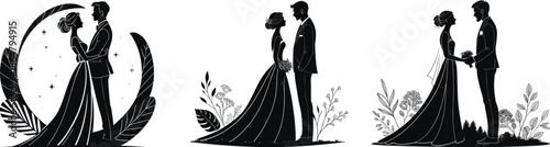 Wedding silhouette of romantic bride and groom embracing inside a floral crescent moon frame vector