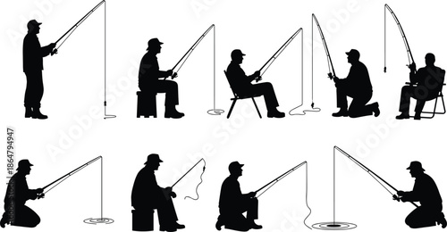 Fishing silhouette set of men with rods, various angling poses, isolated black vector illustration on white background design