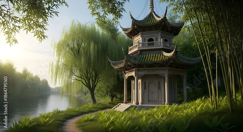 Tranquil pavilion nestled amidst lush greenery by a serene riverside at sunrise