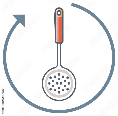 Kitchen utensil icon with skimmer, rotating arrow for cooking process or culinary workflow