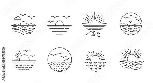 Collection of linear sunrise and sunset icons showing the sun over the horizon with waves birds and clouds in a simple black and white graphic style.