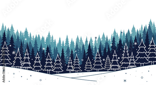Winter forest landscape featuring layers of dark blue tree silhouettes and white outline-style evergreen trees on a snowy ground background.