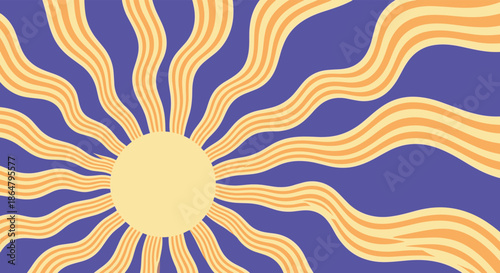 Vibrant sun illustration with long wavy yellow and orange rays radiating across a dark purple background in a retro psychedelic style.