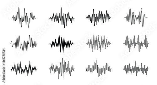 Collection of twelve diverse sound wave and audio signal graphics in black and white featuring various frequencies, amplitudes, and styles.