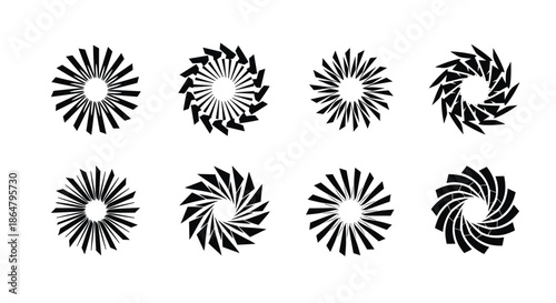 Abstract collection of black geometric starbursts and circular designs with sharp blades for modern graphic and industrial logos.