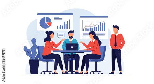 Professional business team collaborating in an office meeting around a table with data charts and laptop for strategy planning.